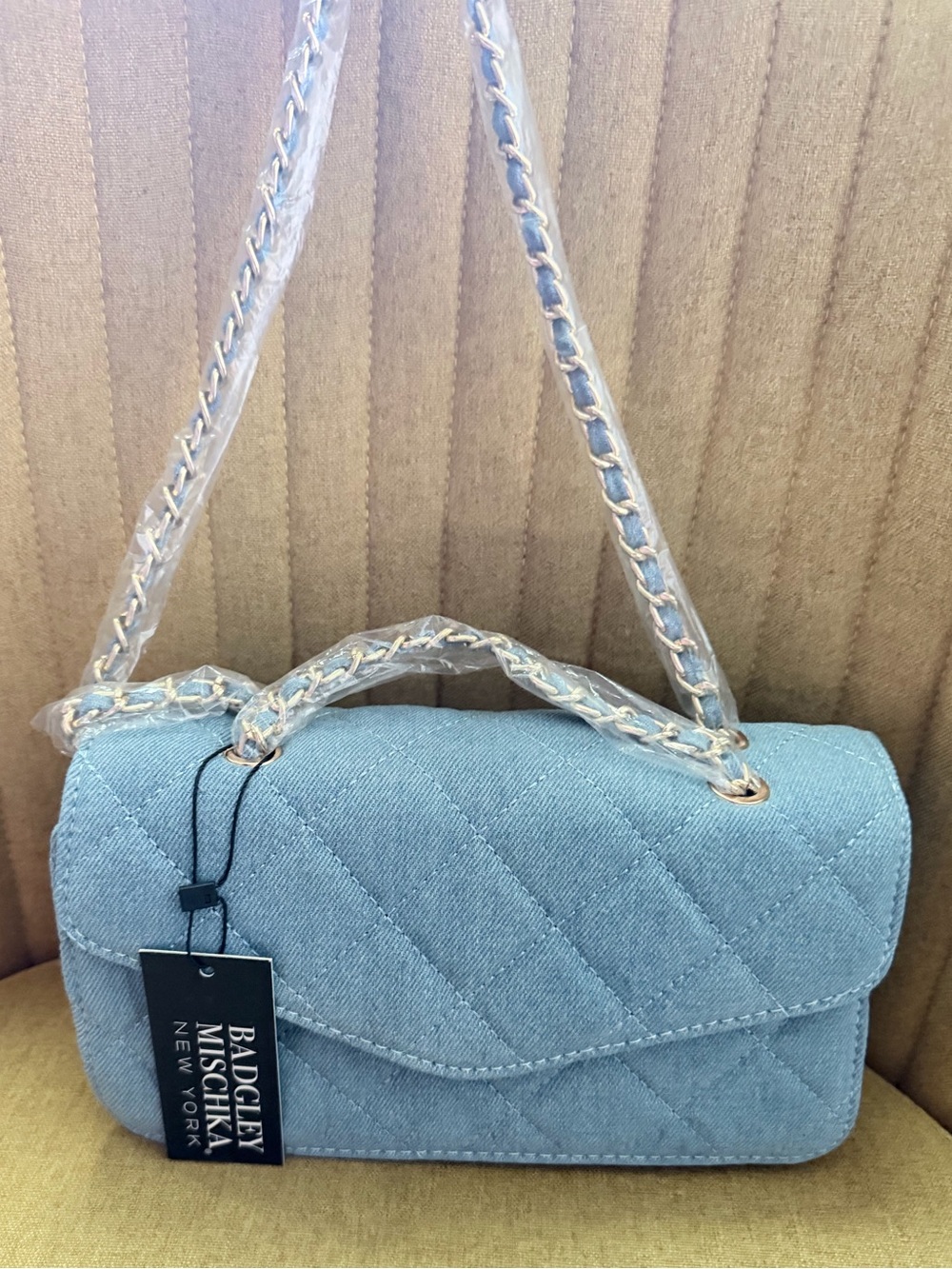 Badgley Mischka Quilted Light Blue Denim Cosmetic Case